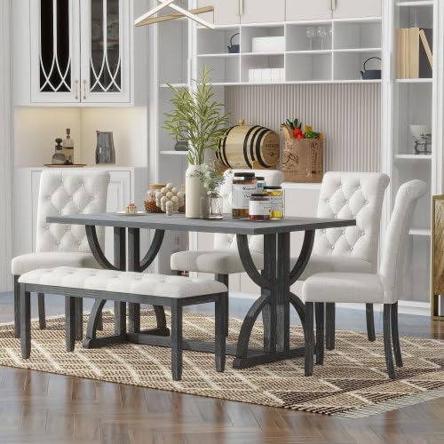 SogesHome 6-Piece Dining Table Set with Upholstered Chairs and Bench, Modern Retro Rectangular Kitchen Table, Rustic Farmhouse Style Decor Dining Table for Dining Room, Breakfast (Gray Wash)