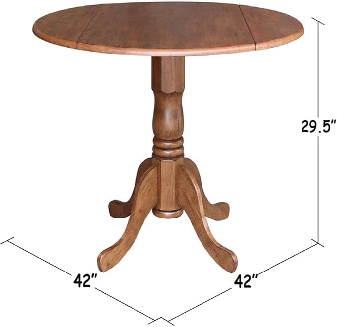 IC International Concepts 42-Inch Round Dual Drop Leaf Pedestal Dining Table, Elegant Space-Saving Furniture for Home and Office - Distressed Oak Finish
