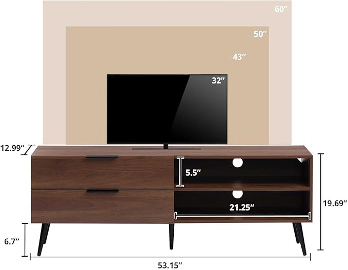 HollyHOME Wood TV Stand for TVs up to 65", Mid Century TV Stand with Storage, Modern Entertainment Center with 2 Drawers, Accent TV Media Console Table for Living Room, 53"(L), Retro Brown