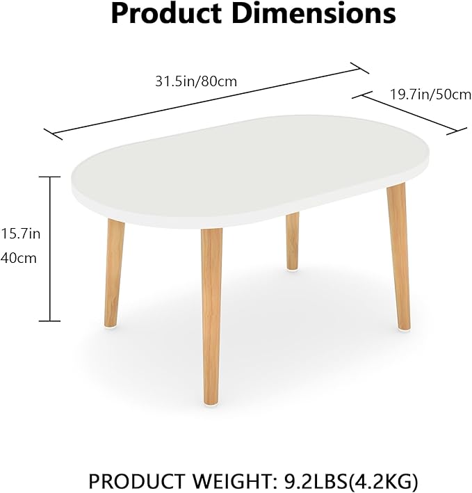 Oval Coffee Table Low Table with 4 Solid Wood Sturdy Legs, Floor Table Desk for Sitting on The Floor, Storage and Living Room Furniture (White)