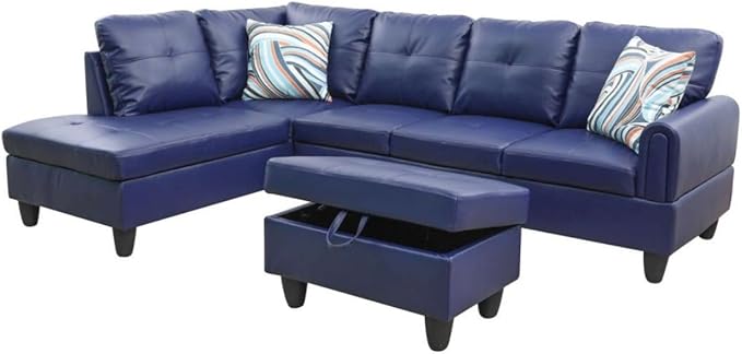 Blue L-Shaped 3-Piece Faux Leather Sofa with Storage Ottoman Set, Sectional Couch Sofa Set for Living Room, Office, Small Space