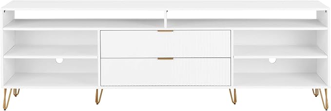 Manhattan Comfort Dumbo Mid Century Modern TV Stand for Televisions up to 80 Inches, Home Entertainment Center with Storage, 6 Shelves, 2 Drawers, No Tool Assembly, 85" Wide, White