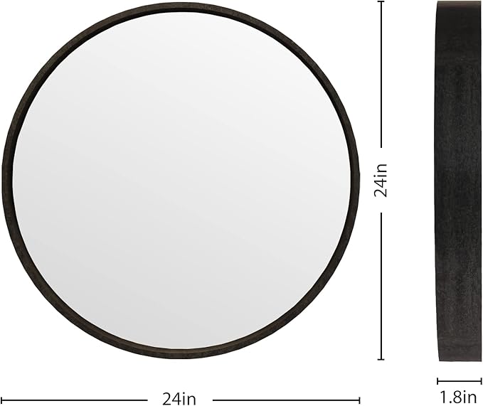 HOMECOOKIN Wood Round Wall Mirror, Large Circle Rustic Accent Decor Mirror, Hanging Bathroom with Frame for Living Room, Bedroom, Entryway, 24 inch, Black