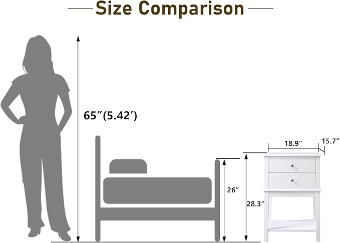 conifferism White Nightstand 2 Drawers and Storage Shelf, 28" High Bedroom Night Stand, Contemporary Modern Bed Side Table, Living Room Country Cottage 19" Wide End Table Metal Sliders