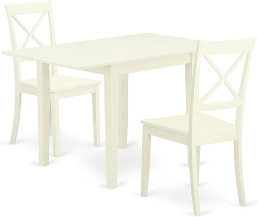 East West Furniture NDBO3-LWH-W 3 Piece Dinette Set for Small Spaces Contains a Rectangle Dining Table with Dropleaf and 2 Kitchen Dining Chairs, 30x48 Inch, Linen White