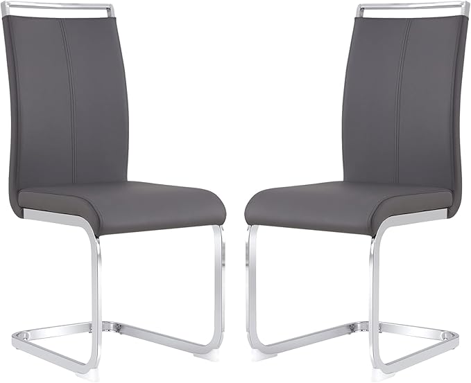 Dining Chairs Set, Kitchen Modern Metal Chairs with Faux Leather Padded Seat High Back and Sturdy Chrome Legs, Chairs for Dining Room (Grey, Set of 2)
