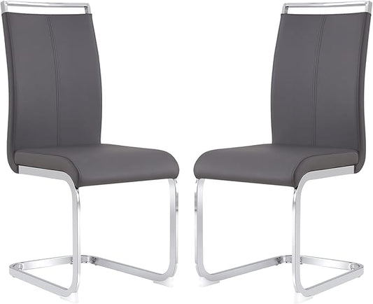 Dining Chairs Set, Kitchen Modern Metal Chairs with Faux Leather Padded Seat High Back and Sturdy Chrome Legs, Chairs for Dining Room (Grey, Set of 2)