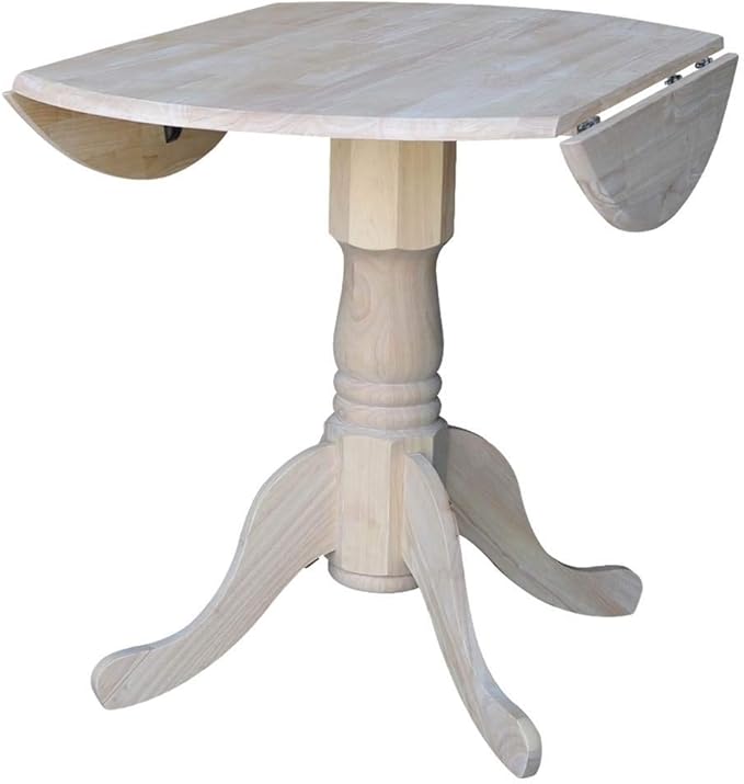 IC International Concepts 36" Dual Drop Leaf Dining Table Solid Real Wood, Sturdy Parawood, 36"W x 36"D x 30"H, DIY, Paint/Stain Ready, Unfinished
