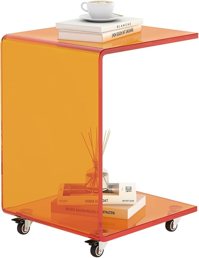 Modern C-Shaped End Table, Small Side Table, Acrylic Nightstand with Storage and Lockable Wheels for Living Room, Bedroom, Office, Bedside, Couch, and Sofa,13.38" D x 14.17" W x 21.65" H