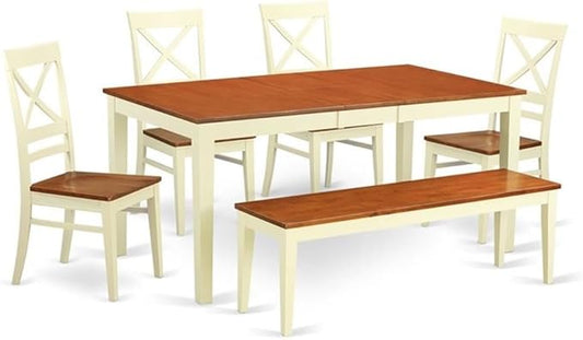 East West Furniture NIQU6-WHI-W 6 Piece Kitchen Table Set Contains a Rectangle Dining Table with Butterfly Leaf and 4 Dining Chairs with a Bench, 36x66 Inch, Buttermilk & Cherry