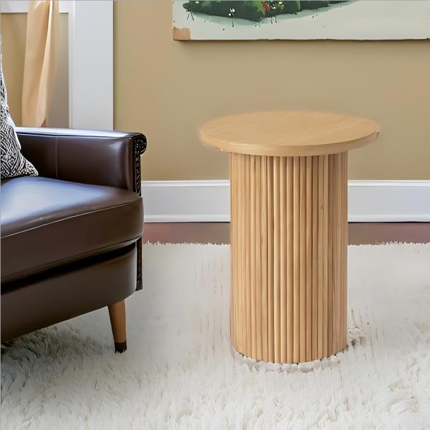 Round Side Table, Small Wood End Table Nightstand for Living Room, Bedroom, Office Small Spaces, Mid Century Modern Farmhouse Accent End Tables, Fluted Base Design, 16.93" D x 22.44" H