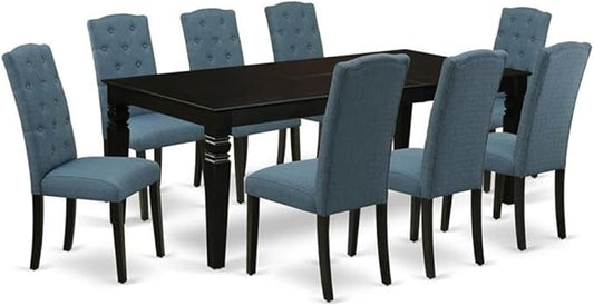 East West Furniture LGCE9-BLK-21 9 Piece Dining Table Set Includes a Rectangle Kitchen Table with Butterfly Leaf and 8 Mineral Blue Linen Fabric Upholstered Chairs, 42x84 Inch, Black