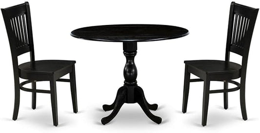 East West Furniture DMVA3-BLK-W 3 Piece Dinette Set for Small Spaces Contains a Round Dining Table with Dropleaf and 2 Dining Chairs, 42x42 Inch, Black