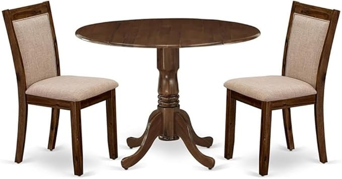 East West Furniture DLMZ3-AWN-04 3 Piece Dinette Set for Small Spaces Contains a Round Dining Table with Dropleaf and 2 Light Tan Linen Fabric Parsons Dining Chairs, 42x42 Inch, Natural Walnut