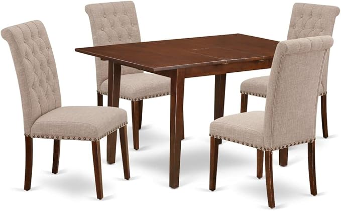 East West Furniture NOBR5-MAH-04 5 Piece Dinette Set Includes a Rectangle Dining Room Table with Butterfly Leaf and 4 Light Tan Linen Fabric Upholstered Chairs, 32x54 Inch, Mahogany