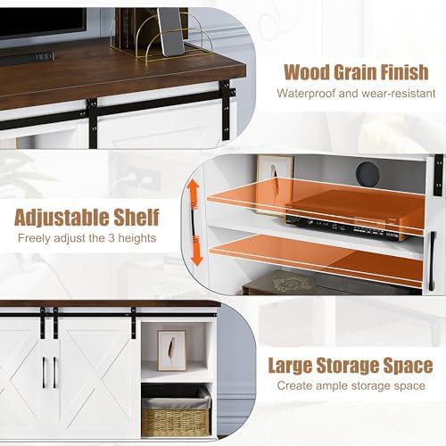 IDEALHOUSE Farmhouse Tv Stand for 65 inch TVs, Entertainment Center with Sliding Barn Doors and Adjustable Shelf, Modern Storage Media TV Console TV Stand Table for Living Room, Bedroom, White & Brwon