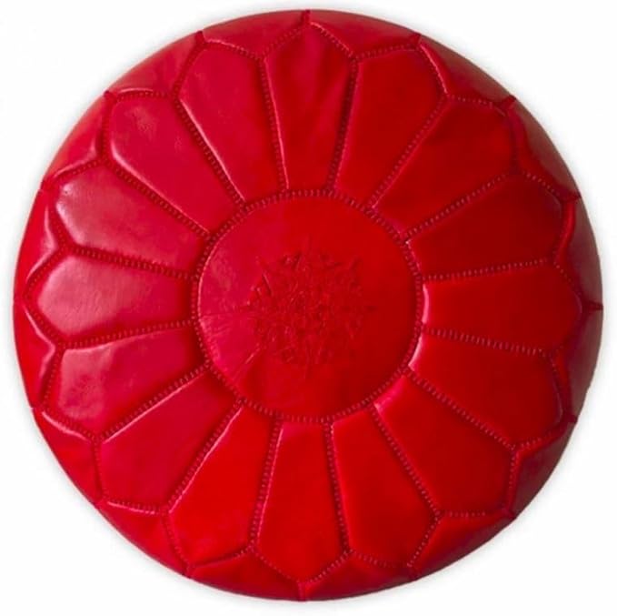 Stuffed Round Design Moroccan Leather Pouf Ottoman, Handmade, Pre-Filled, 100% Genuine Leather, 13” Height x 20” Diameter, Footstool & Living Room Décor (Red)