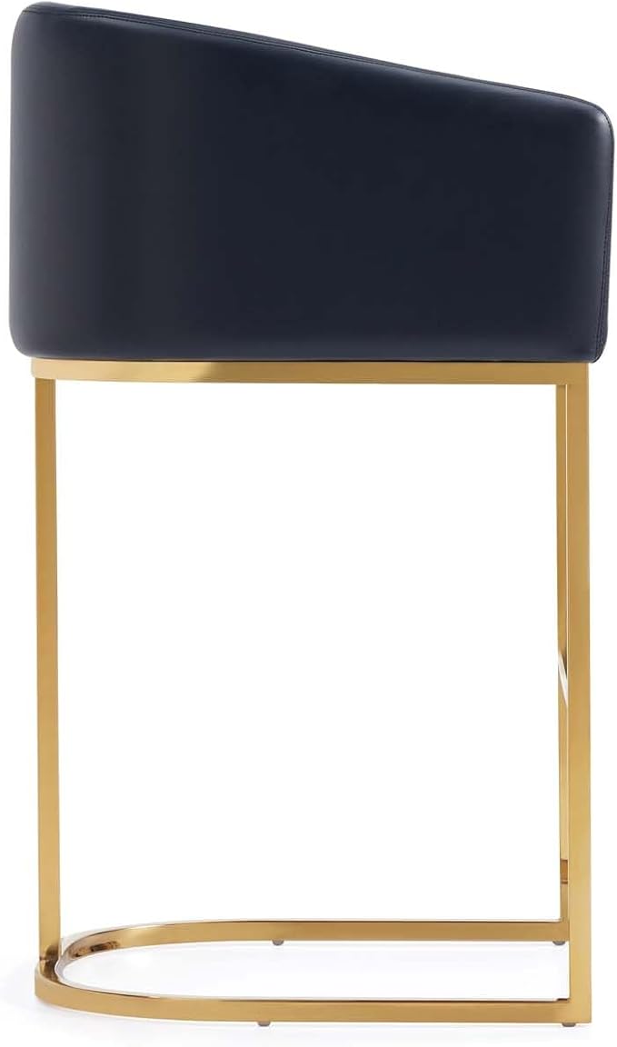Manhattan Comfort Louvre 26 Inch Mid Century Modern Counter Height Bar Stools - Elegant Faux Leather Padded Seat, Stainless Steel Base with Footrest, Fully Assembled Barstools, Set of 1, Black & Gold