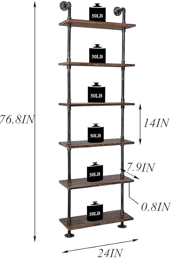 Industrial Pipe Bookshelves Rustic Wall Ladder Bookshelf Display Storage Stand Shelf Bookcase for Living Room, Kitchen, Office (6 Tier)
