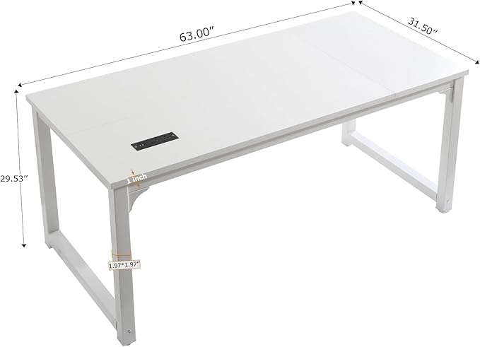 Large Computer Desk - 63 Inch Home Office Desks Study Student Writing Table Gaming Desk Wood Modern Simple Table with USB Ports, White