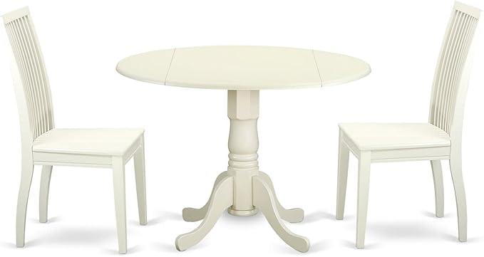 East West Furniture DLIP3-LWH-W 3 Piece Kitchen Table Set for Small Spaces Contains a Round Dining Table with Dropleaf and 2 Dining Room Chairs, 42x42 Inch, Linen White