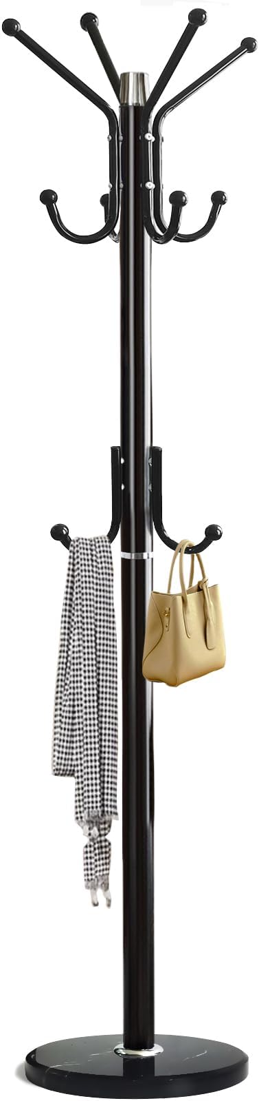 Kertnic Modern Coat Rack Freestanding with Natural Marble Base & Sturdy Metal Frame, 11 Hooks Hall Tree for Jackets, Hats, Bags, Entryway Organizer for Bedroom, Living Room, Closet (Black)