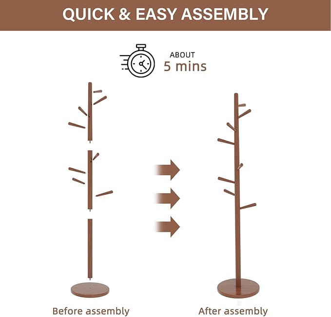 CozyDH Coat Rack Freestanding Solid Wood Coat Rack Stand, Coat Tree Freestanding with 8 Hooks Creative Tree Branch-look for Entryway, Hallway, Bedroom (Teak)