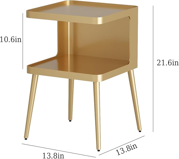 Gold Nightstand with Storage, 2 Tier Small End Tables Bedroom, Modern Side Tables Living Room with 4 Legs, Square Accent Table for Small Spaces Indoor Outdoor, Easy Assembly