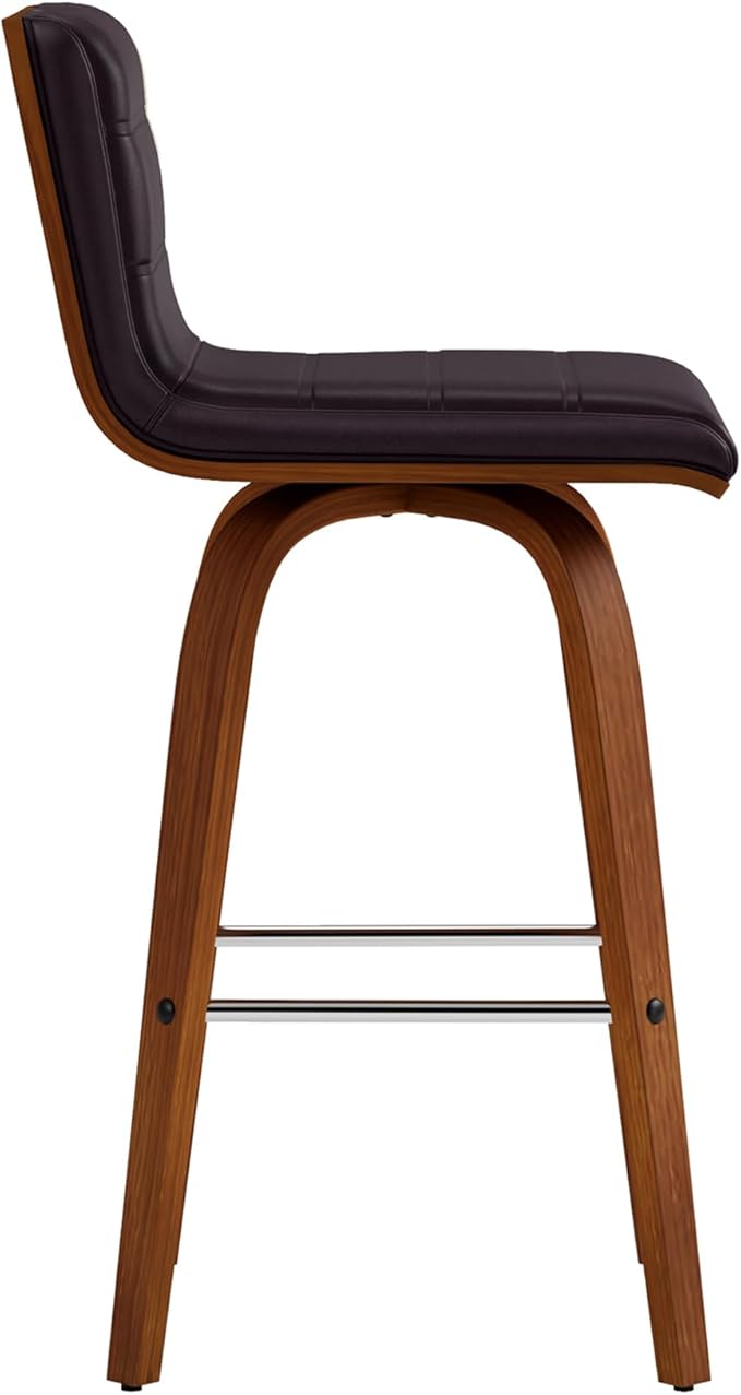 Armen Living Vienna 26" Swivel Counter Stool in Walnut Wood Finish with Brown Faux Leather - Set of 4
