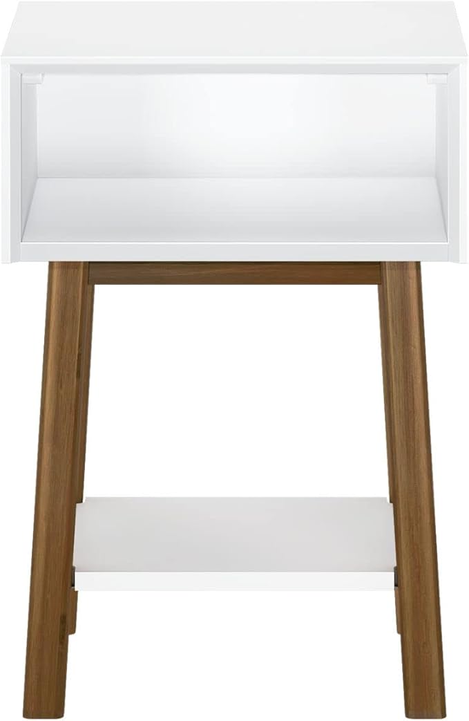 Plank+Beam Wooden Side Table with Cubby Storage Shelf, Mid Century Modern End Tables for Living Room, Small Solid Wood Nightstand, Bedside Tables, Bedroom Furniture, White/Pecan