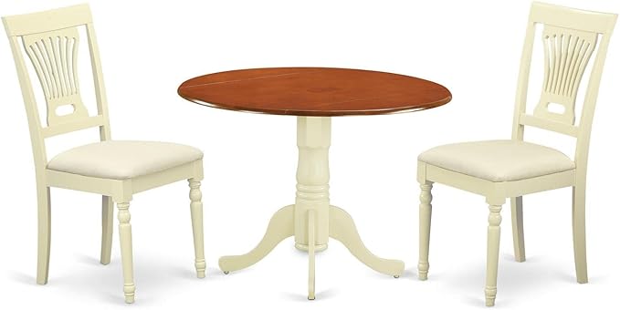 East West Furniture DLPL3-BMK-C 3 Piece Dining Room Furniture Set Contains a Round Kitchen Table with Dropleaf and 2 Linen Fabric Upholstered Dining Chairs, 42x42 Inch, Buttermilk & Cherry