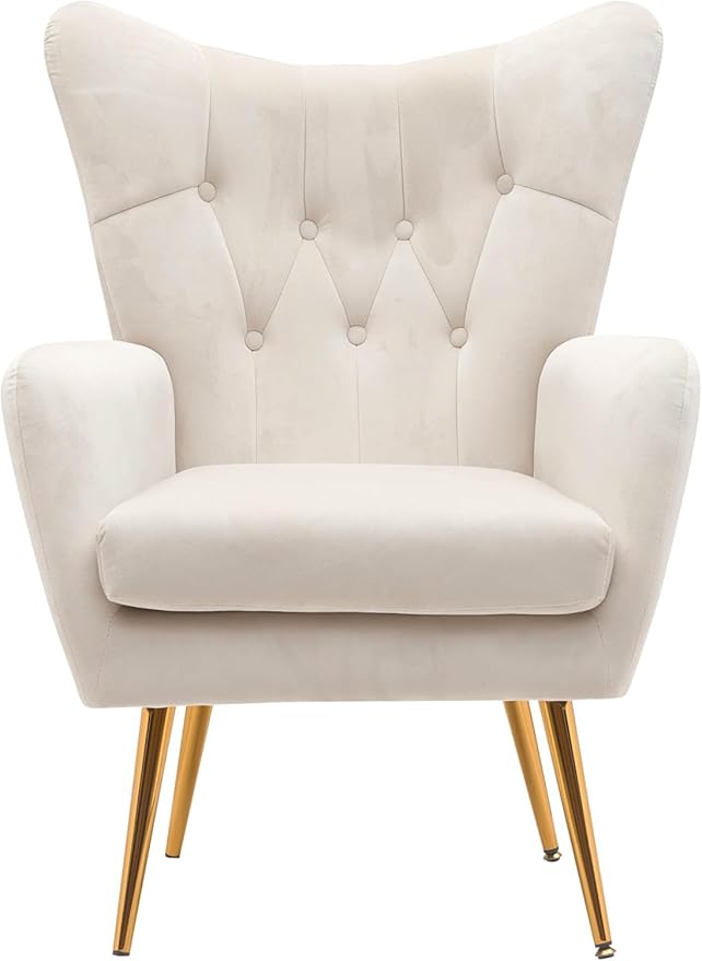 Container Furniture Direct Modern Chic Mid-Century Velvet Accent Armchair for Living Room, Bedroom, or Home Office, Button-Tufted Wingback Design with Gold Flared Legs, Ivory