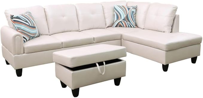 Pearl White L-Shaped 3-Piece Faux Leather Sofa with Storage Ottoman Set, Sectional Couch Sofa Set for Living Room, Office, Small Space