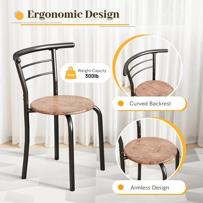 Shahoo 3-Piece Wooden Dining Table Set, Kitchen Breakfast Nook Sets with 2 Chairs & Round Tabletop, Space Saving Furniture Metal Frame and Built-in Wine Rack, Brown