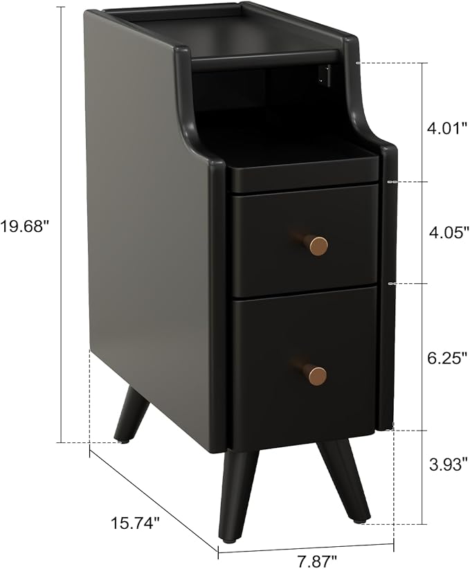 Small Nightstand with Drawers, Solid Wood Bedside Table, Narrow BlackNightstand for Bedroom