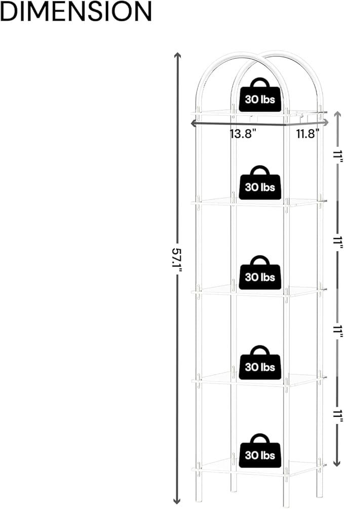 5-Tier Acrylic Arched Bookcase, Clear Narrow Bookshelf for Small Space, 13.8''W x 11.8''D x 57.1''H, Open Display Book Shelves for Home Office, Living Room, Bedroom, Modern