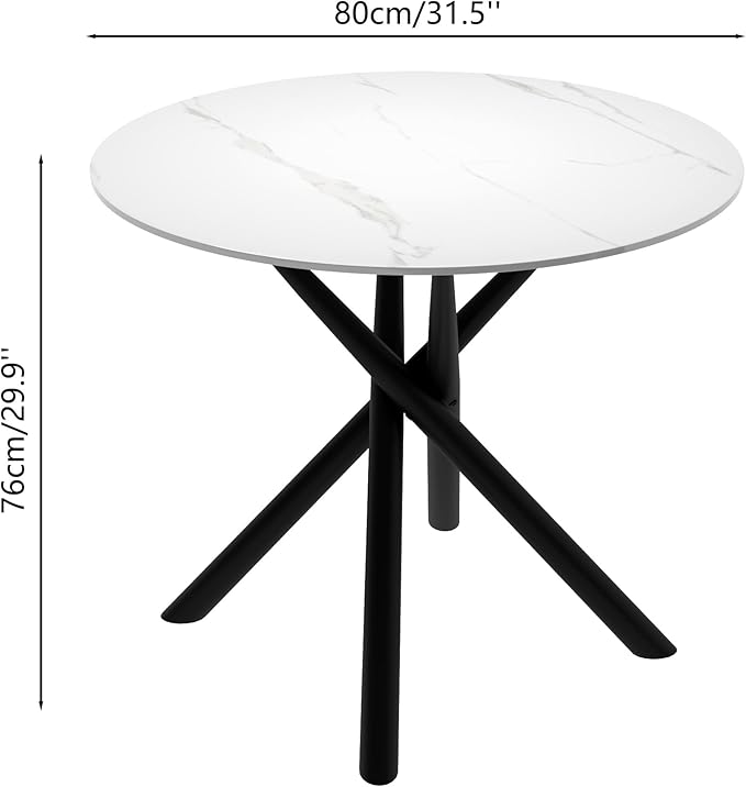 White Marble Round Dining Table with Black Metal Legs, 32 in Modern Sintered Stone Kitchen Table Circle Table for Dining Room Kitchen