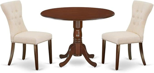East West Furniture DLGA3-MAH-32 3 Piece Modern Dining Table Set Contains a Round Wooden Table with Dropleaf and 2 Light Beige Linen Fabric Parsons Dining Chairs, 42x42 Inch, Mahogany
