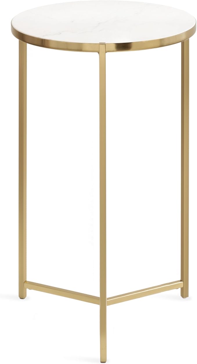 Kate and Laurel Aguilar Modern Round Side Table, 15 x 15 x 24, White and Gold, Genuine Marble Nightstand for Small Spaces and Living Room Décor