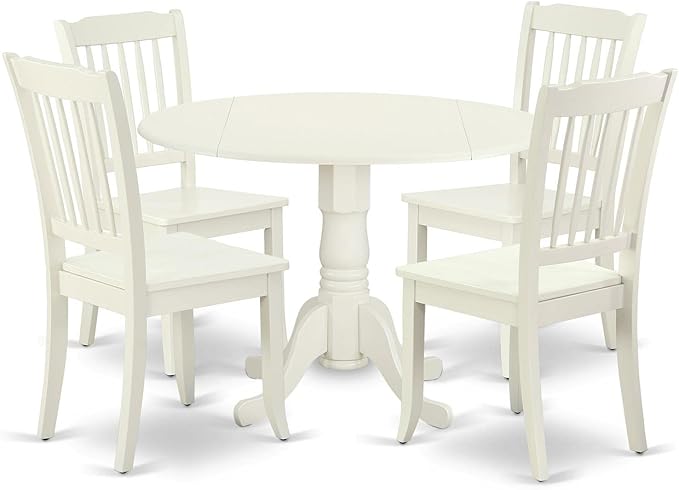 East West Furniture DLDA5-LWH-W 5 Piece Dining Room Furniture Set Includes a Round Kitchen Table with Dropleaf and 4 Dining Chairs, 42x42 Inch, Linen White
