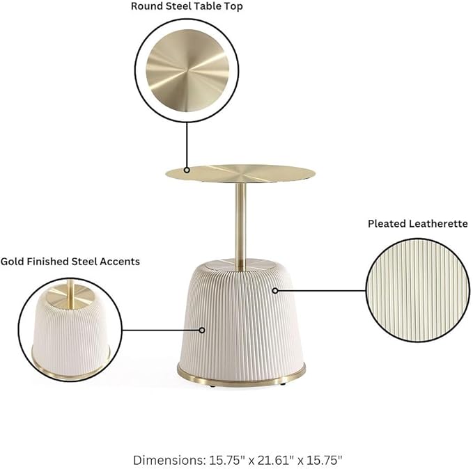 Manhattan Comfort Anderson Modern 15.75" Round End Tables 1.0 - Elegant Leatherette Upholstered Base with Pleated Design & Gold Steel Tabletop, Fully Assembled Accent Furniture, Set of 2, Cream