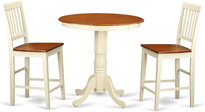 East West Furniture EDVN3-WHI-W 3 Piece Counter Height Dining Table Set Contains a Round Wooden Table with Pedestal and 2 Kitchen Dining Chairs, 30x30 Inch, Buttermilk & Cherry