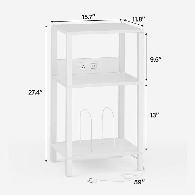 TUTOTAK Record Player Stand with Storage Up to 100 Albums，Record Storage Table,3 Tier End Table with Charging Station,Side Table for Living Room, Bedroom, White TB01BW076