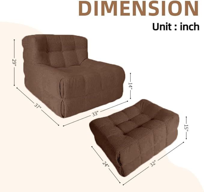 Bean Bag Chair - Memory Foam Bean Bag Chair for Adults, Comfy High-Resilience Single Sofa, Small Space Floor Chair, Chaise Lounge for Living Room, Bedroom (Dark Brown, Square+Ottoman)
