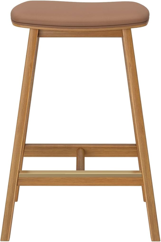 Plank+Beam Beryl Counter Height Stool - Mid-Century Modern Rubberwood Bar Stool with Faux Leather Seat, Metal Footrest, Easy Assembly, 2-Pack, Pecan/Toffee