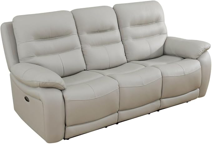 Electric Power Recliner Sofa Genuine Breathing Leather Recliner Couch 3-Seater, Comfy Wide Lazy Top Grain Leather Sofa with USB Port for Living Room (Grey, Three-Seater Sofa)