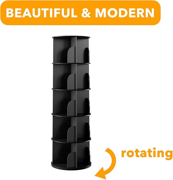 SpaceAid 5 Tier Rotating Bookshelf Tower, Spinning Bookcase Lazy Susan, Revolving 360 Book Shelf Storage Round Carousel, Vertical Rotate Turning Spiral Corner Organizer, Black
