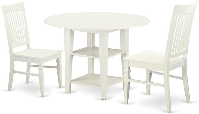 East West Furniture SUWE3-LWH-W 3 Piece Modern Dining Table Set Contains a Round Wooden Table with Dropleaf & Shelves and 2 Dining Room Chairs, 42x42 Inch, Linen White