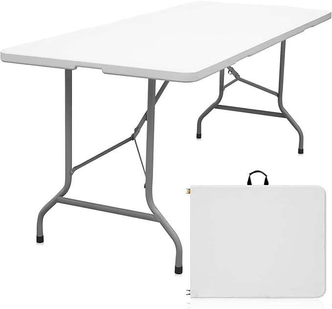 Folding Table 6ft Portable Heavy Duty Plastic Fold-in-Half Utility Foldable Table Plastic Dining Indoor Outdoor for Camping, Picnic and Party, White