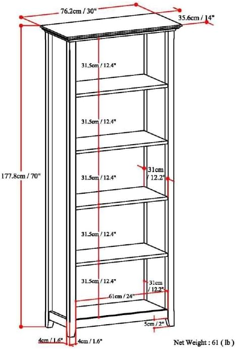SIMPLIHOME Amherst Bookcase - 70 inch Tall 5-Shelf Solid Wood Bookshelf in Fog Grey, Transitional Storage for Living Room, Study Room or Office with Adjustable Shelves and Tapered Legs